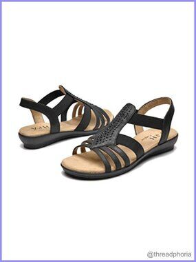 Faux Leather Slingback Flat Sandals Rhinestone Open Toe Slip On Casual Walking
